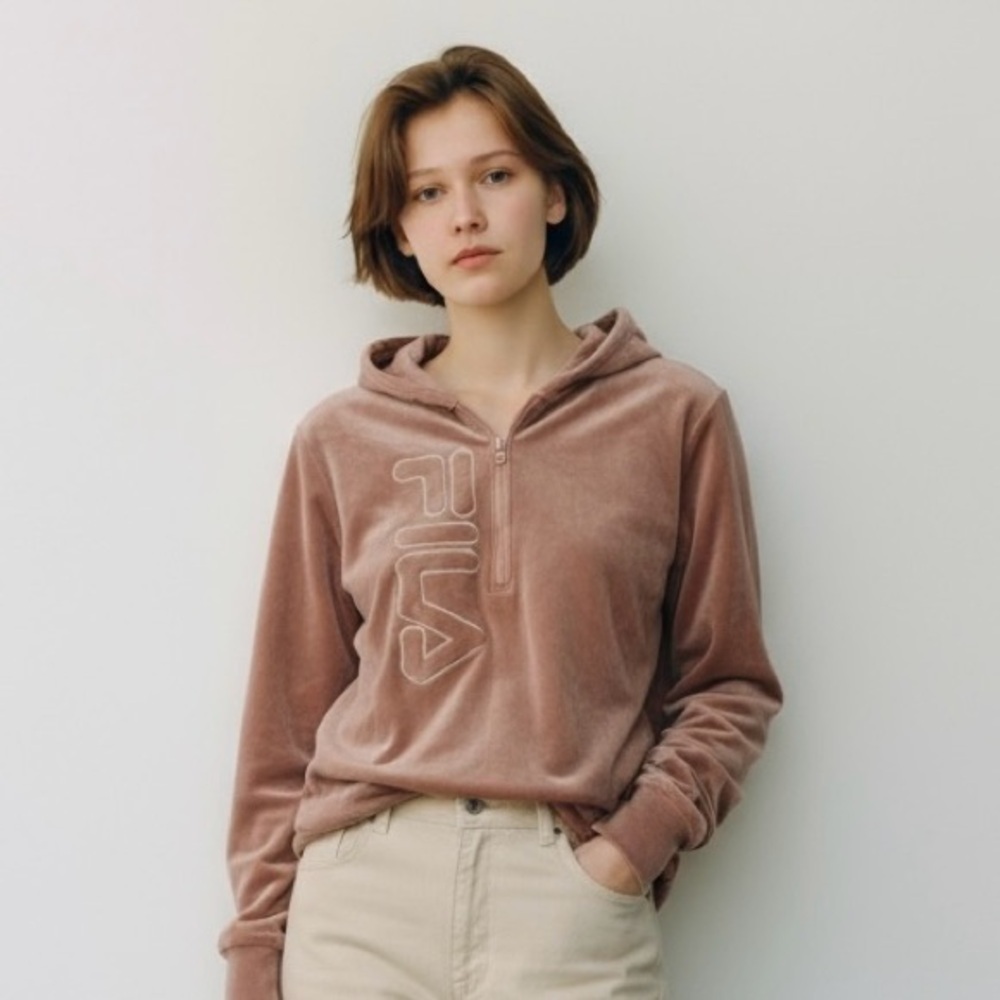 Fila Dusty Pink Velvet Velour Half Zip Pullover Hoodie Oversized Size Small Y2K